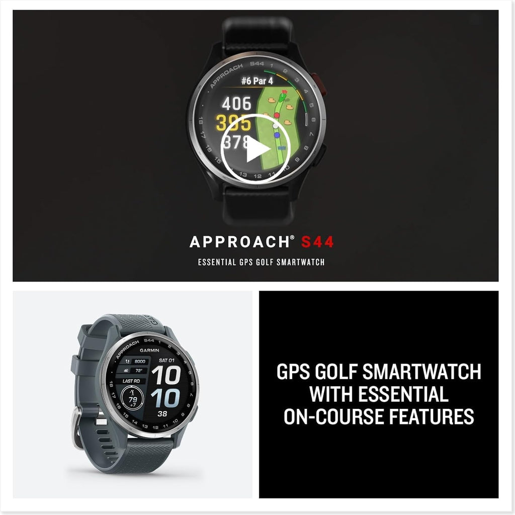 Garmin Approach S44 Essential Golf Watch with GPS, AMOLED Display, On-Course Features, Sports and Fitness Smartwatch, Silver Aluminum Bezel with Black Silicone Band Bundle