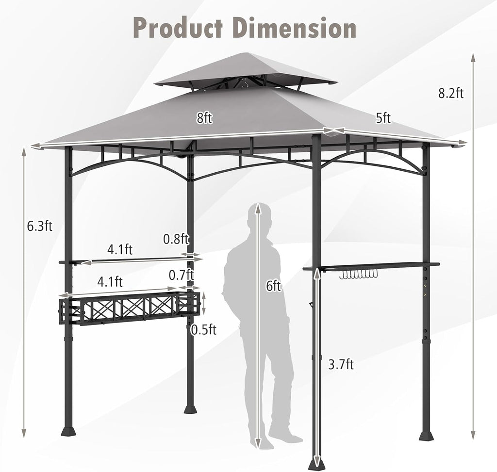 Tangkula 8x5 Ft Grill Gazebo, 2-Tier Barbecue Gazebo with 2 Shelves, 10 Hanging Hooks, Bottle Opener & Storage Basket, Outdoor Grill Canopy for Backyard Garden Poolside (Grey)