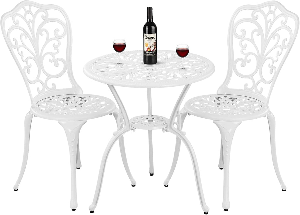 Patio Bistro Sets, Cast Aluminum Bistro Table and Chairs Set of 2 with Umbrella Hole, Bistro Set 3 Piece Outdoor, Metal Patio Furniture Set for Garden Porch, White