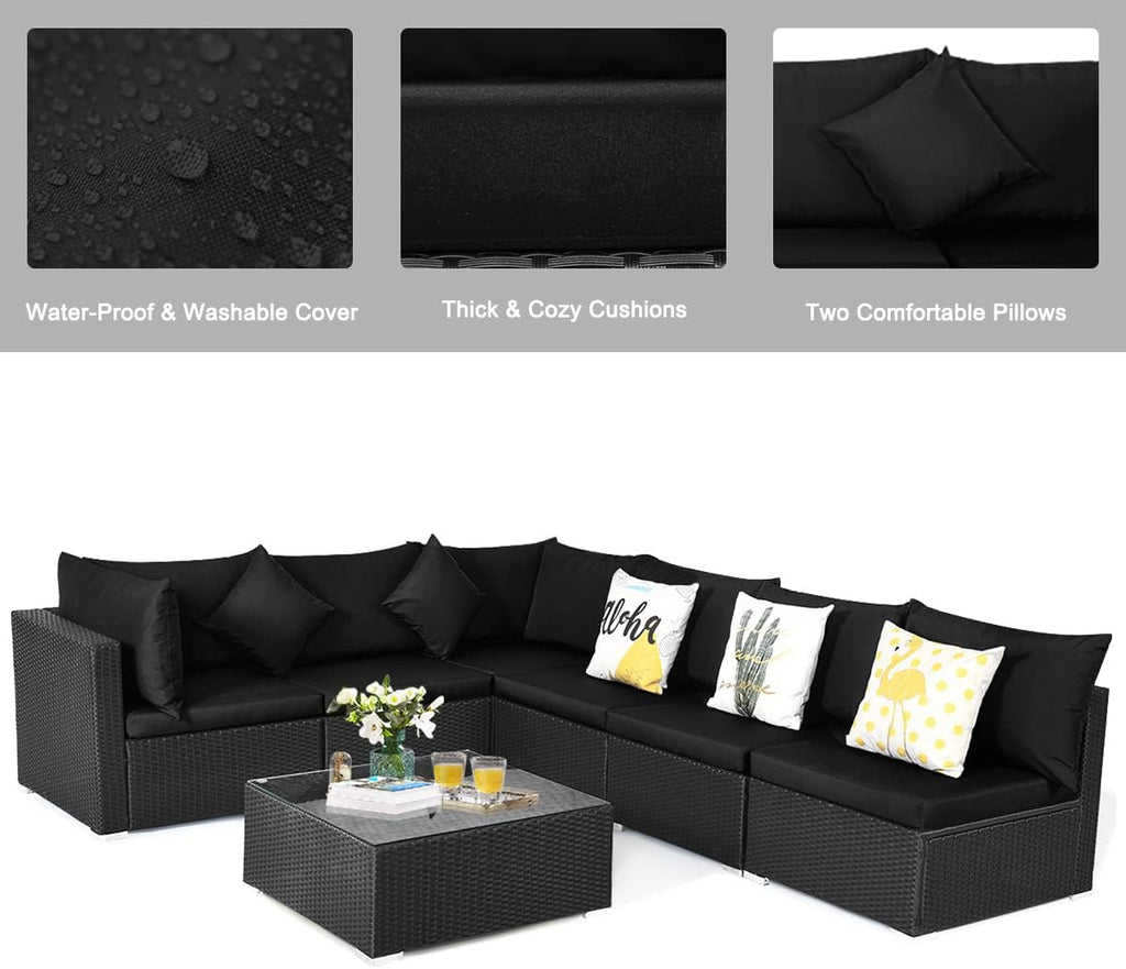 HAPPYGRILL 7 Pieces Patio Furniture Set Outdoor Rattan Wicker Sectional Sofa Set with Cushions & Pillows & Coffee Table for Garden Lawn