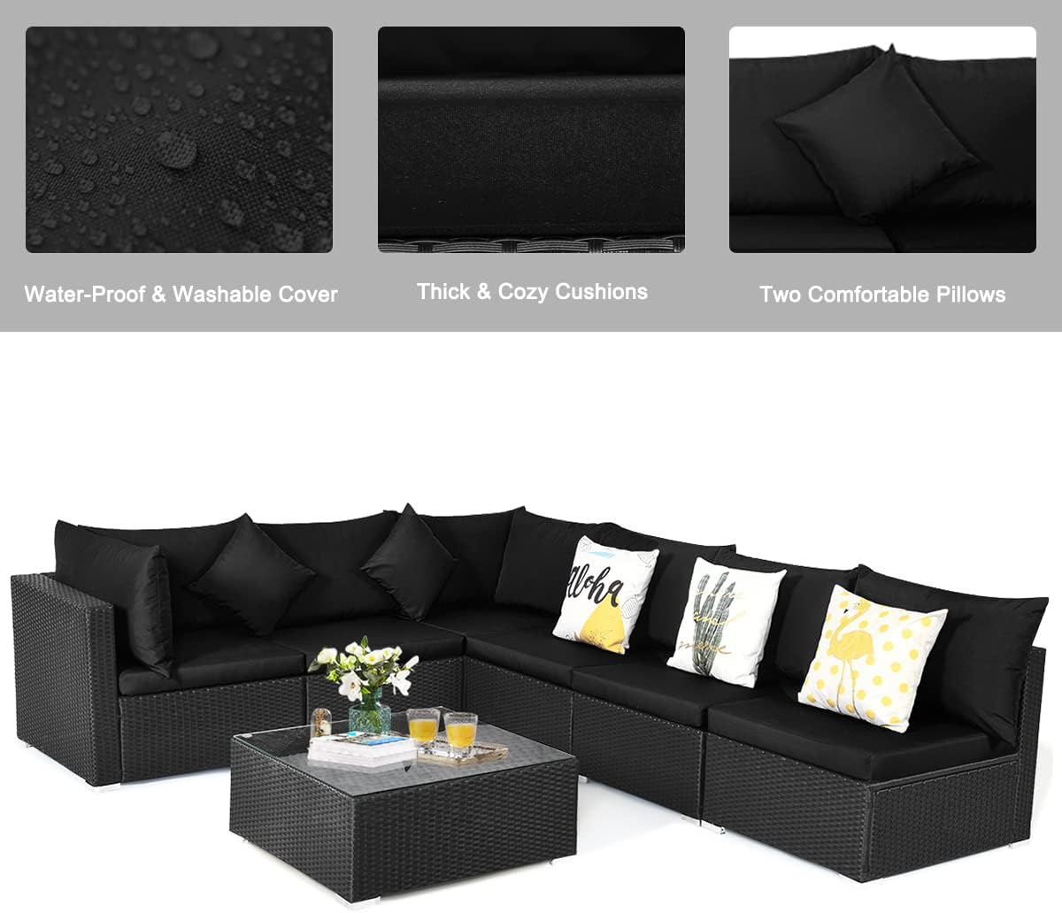 HAPPYGRILL 7 Pieces Patio Furniture Set Outdoor Rattan Wicker Sectional Sofa Set with Cushions & Pillows & Coffee Table for Garden Lawn