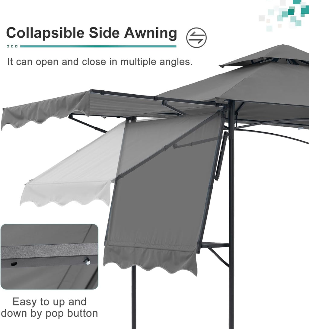 COBANA Grill Gazebo 8'x 5' Outdoor Patio Backyard BBQ Grill Shelter with Side Awning, Double Tiered Soft Canopy Top with Steel Frame and Bar Counters, Gray