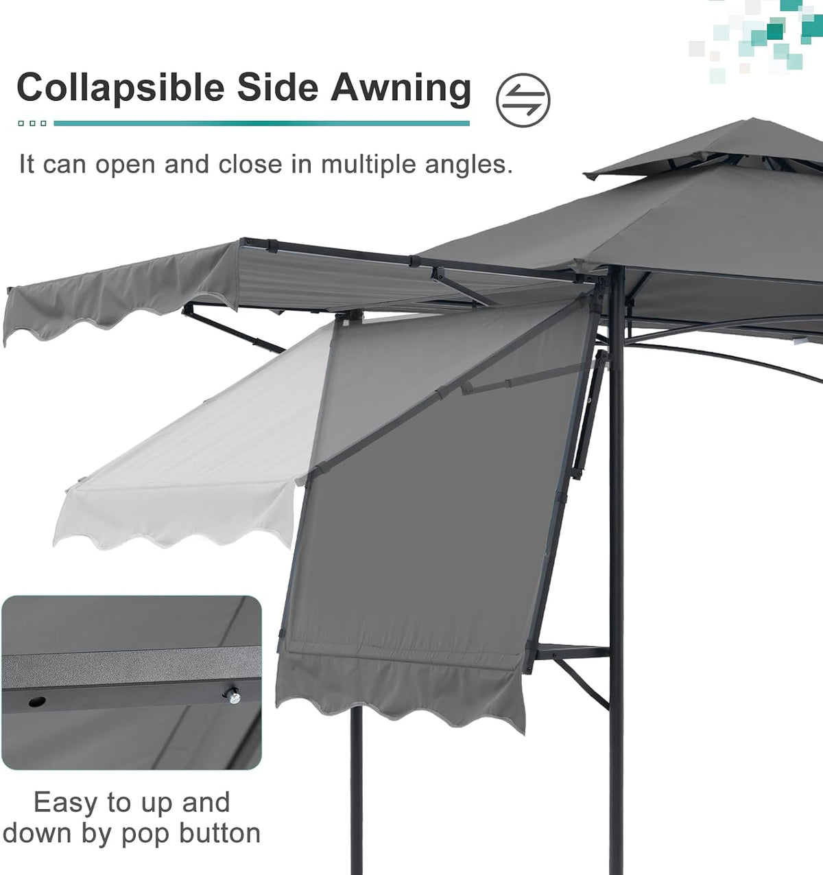 COBANA Grill Gazebo 8'x 5' Outdoor Patio Backyard BBQ Grill Shelter with Side Awning, Double Tiered Soft Canopy Top with Steel Frame and Bar Counters, Gray