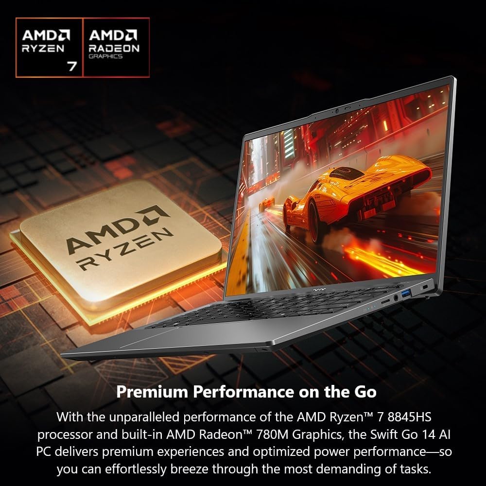 acer Swift Go 14 Laptop | 14' 1920 x 1200 Touch Display | Unlock AI Experiences | AMD Ryzen 7 8845HS Octa-Core Ryzen AI Capable Processor | 16GB LPDDR5X | 1TB PCIe Gen 4 SSD | SFG14-63T-R1F4