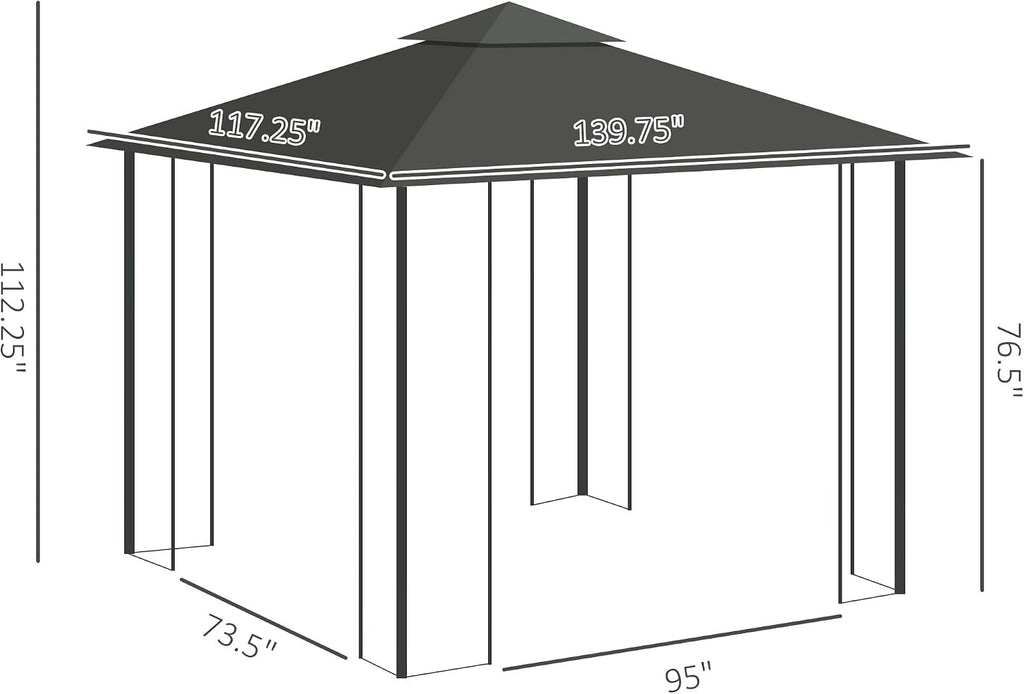 Outsunny 10' x 11.5' Metal Patio Gazebo, Double Roof Outdoor Gazebo Canopy Shelter with Tree Motifs Corner Frame and Netting, for Garden, Lawn, Backyard, and Deck, Gray