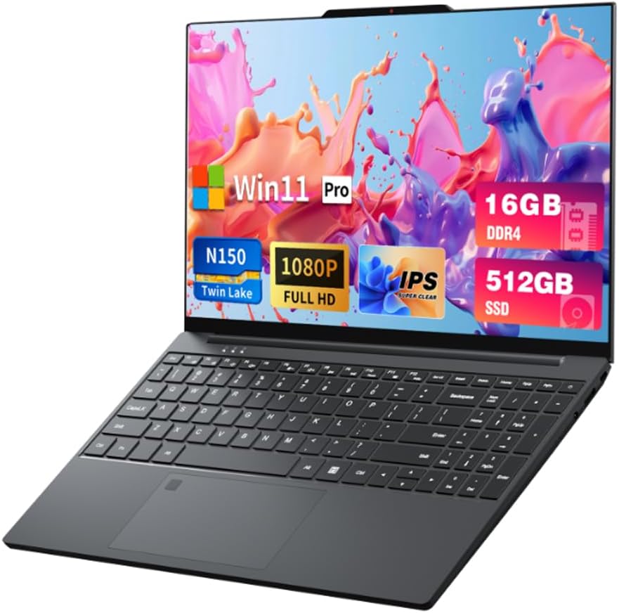 DUNHOO Laptop, 15.6 inch Laptops with N150 Processor(Beat to i3-1115G4, up to 3.6GHz), Gaming Laptop 16GB RAM 512GB SSD, Laptops Computer Metal Shell, Fingerprint Unlock, MINI HDMI 100W Webcam Numpad