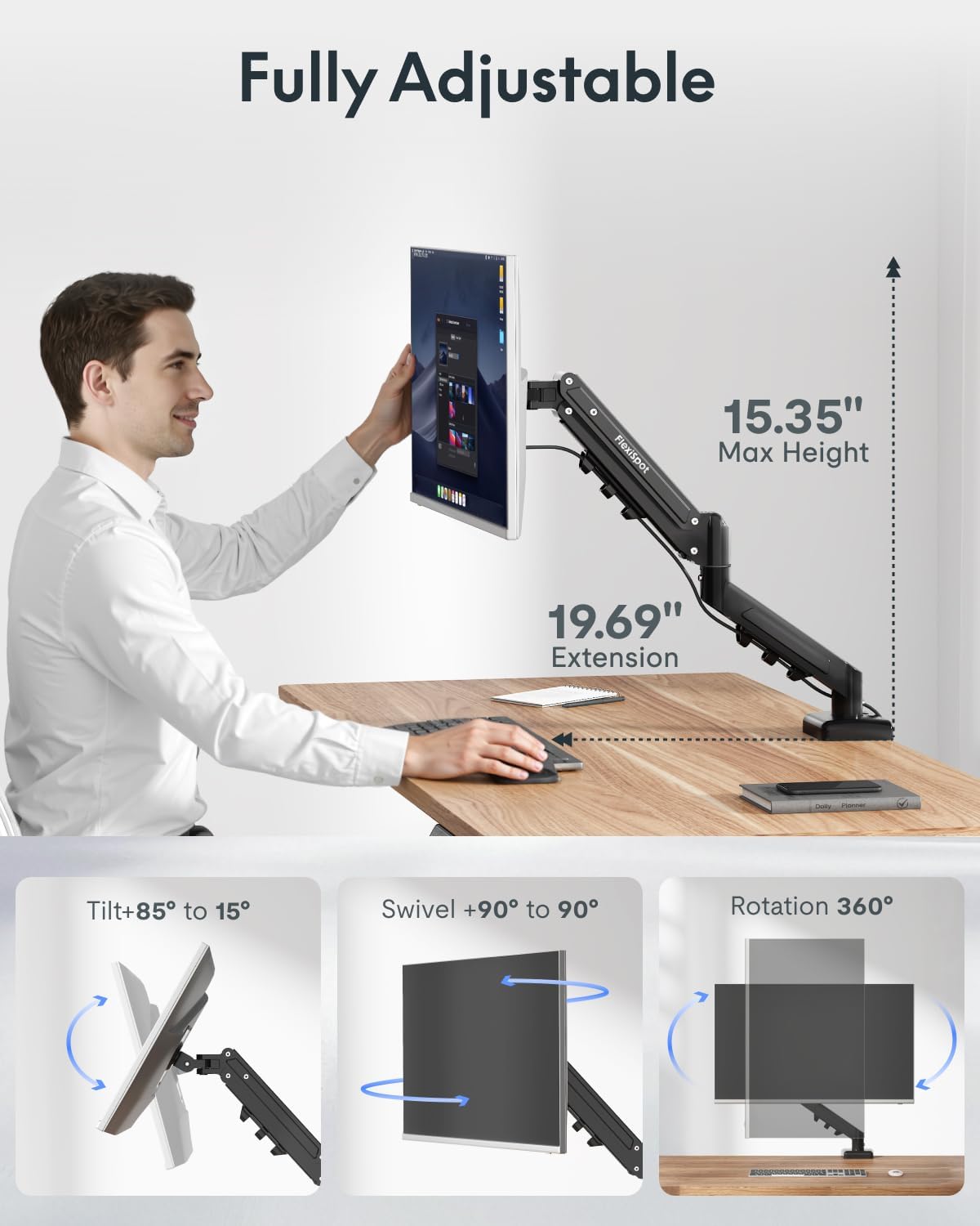 FLEXISPOT EN2 48''x24'' Standing Desk with Monitor Mount Bundle, One-Piece Desktop, Fully Adjustable Single Monitor Arm with Cable Management, Bundle for Home Office, Gaming & Study, Black