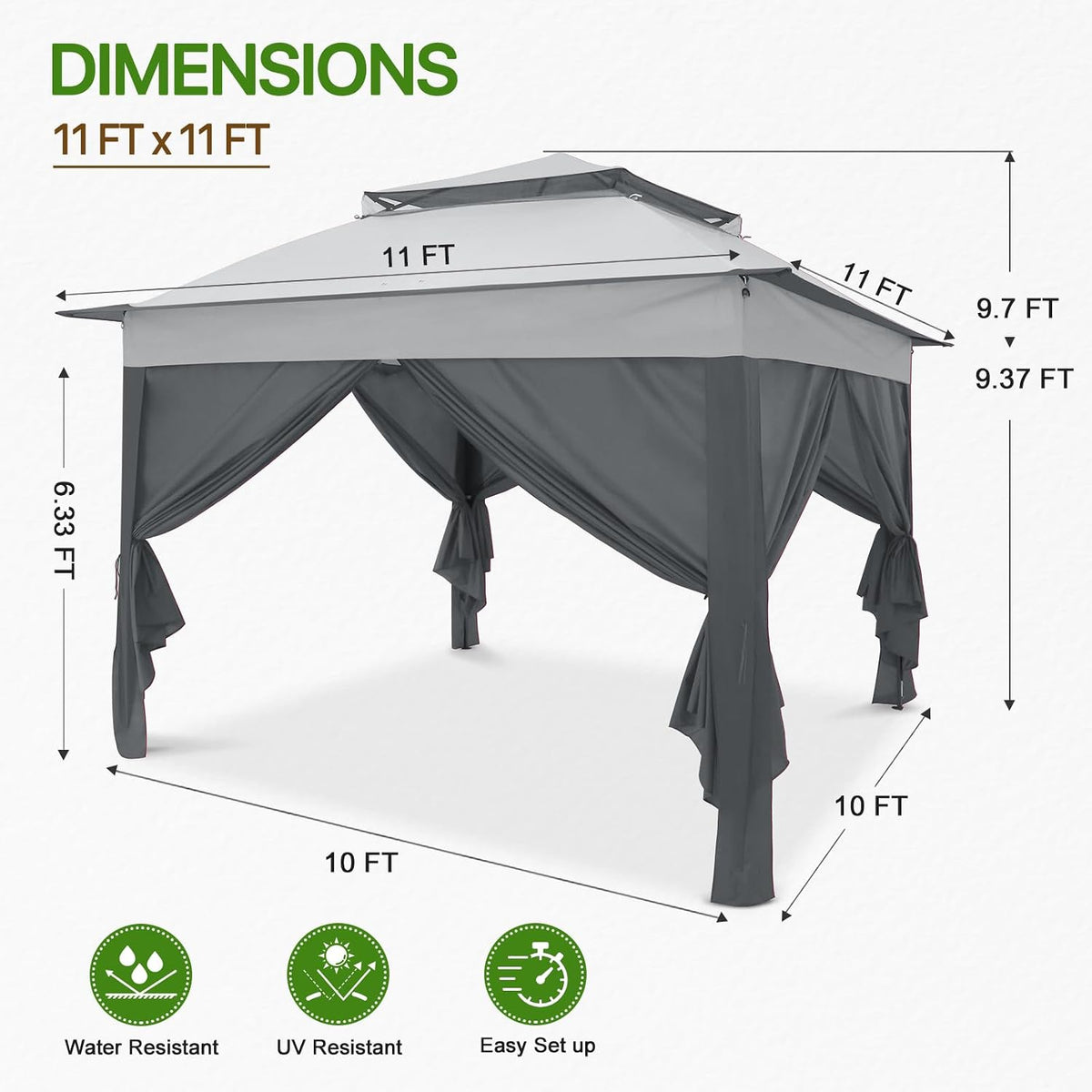 COOS BAY 11x11 Pop Up Gazebo with 4 Sidewalls, Instant Outdoor Canopy Tent with UPF 50+ UV Protection, Water Resistant Shelter with Carry Bag, Stakes & Ropes, Gray