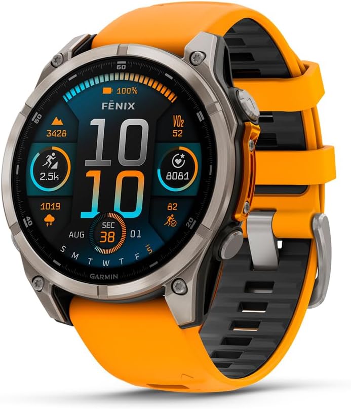 Garmin fēnix® 8 – 47 mm, AMOLED, Sapphire, Premium Multisport GPS Smartwatch, Long-Lasting Battery Life, Dive-Rated, Built-in LED Flashlight, Titanium with Spark Orange/Graphite Band