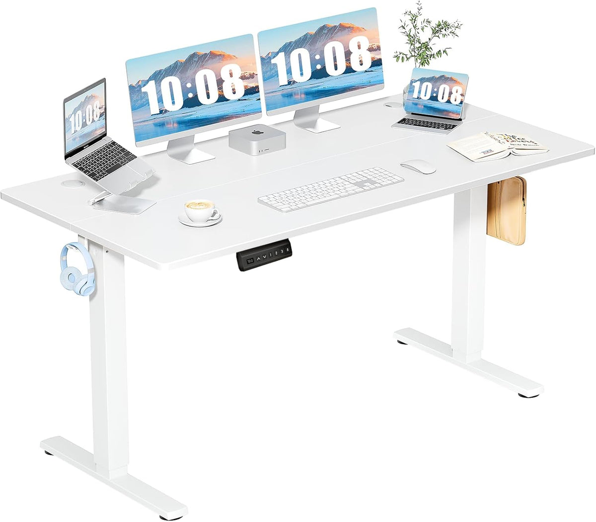DUMOS 63 Inch Electric Standing Desk Height Adjustable, Sit to Stand Computer Workstations Large Work PC Table Home Office Writing Gaming Desks with Memory Presets for Walking Pad, Bedroom, White
