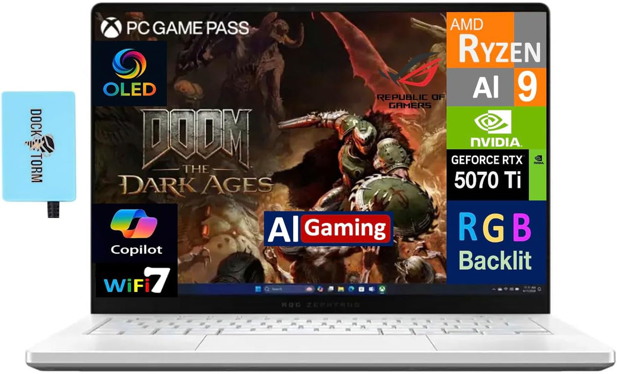 ASUS ROG Zephyrus Gaming Laptop 14.0' 120Hz OLED 2.8K Display (AMD Ryzen AI 9 HX 370, GeForce RTX 5070 Ti 12GB, 32GB LPDDR5X, 2TB PCIe SSD, RGB KB, Win 11 Pro) with Dockztorm Hub