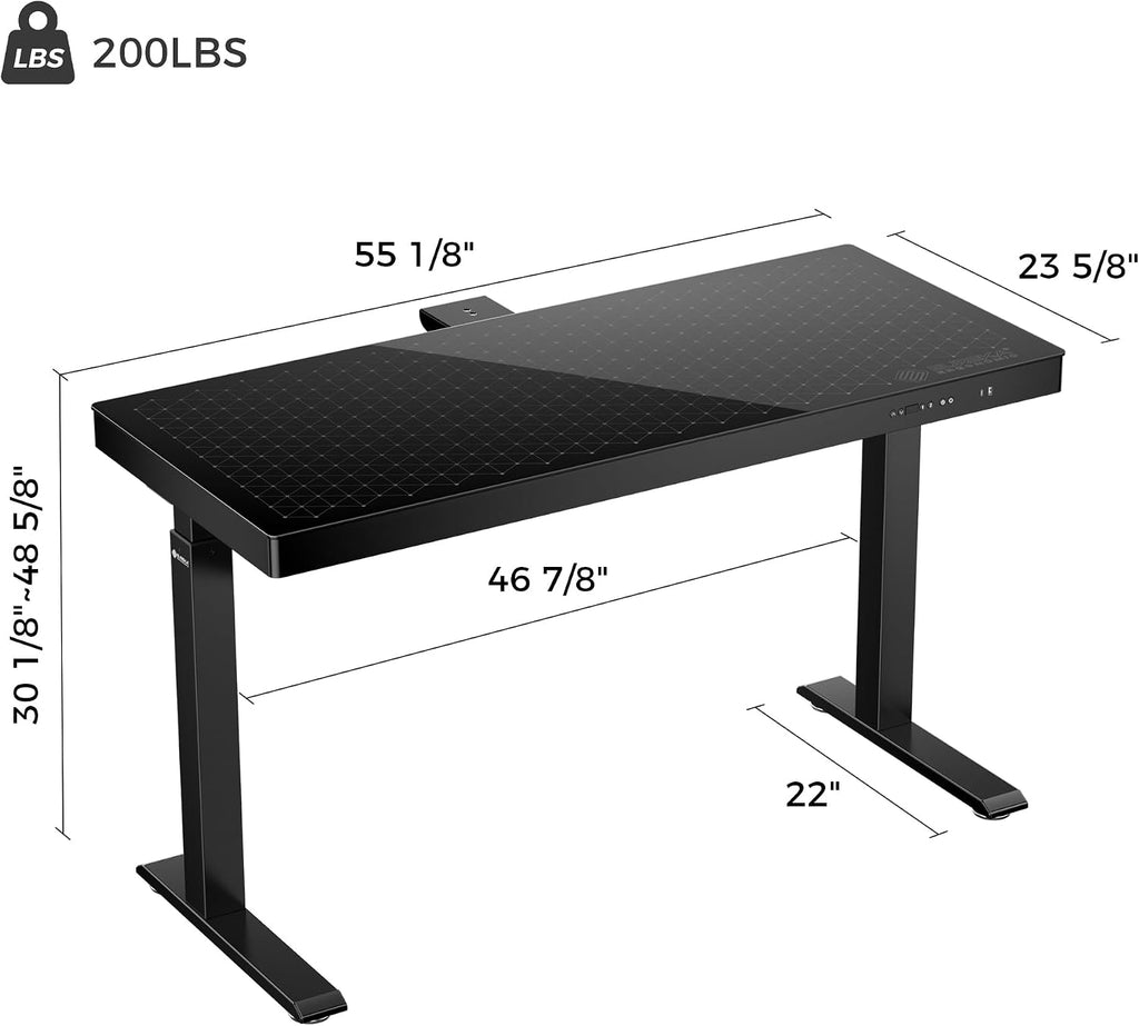 EUREKA ERGONOMIC Gaming Desk RGB Lights Height Adjustable 55 Inch Computer Table Home Office Standing Desk Glass Desk Music Sensing, Dual Motors,USB Ports, APP Control
