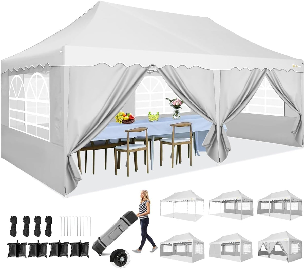 HOTEEL Folding Gazebo 3 x 6 Gazebo Waterproof Stable Party Tent Foldable Folding Tent with 6 Side Walls & Roll Bag & 4 Sand Bags, Easy Assembly for Weddings, Commerce, Parties, UV50+ Protection, White