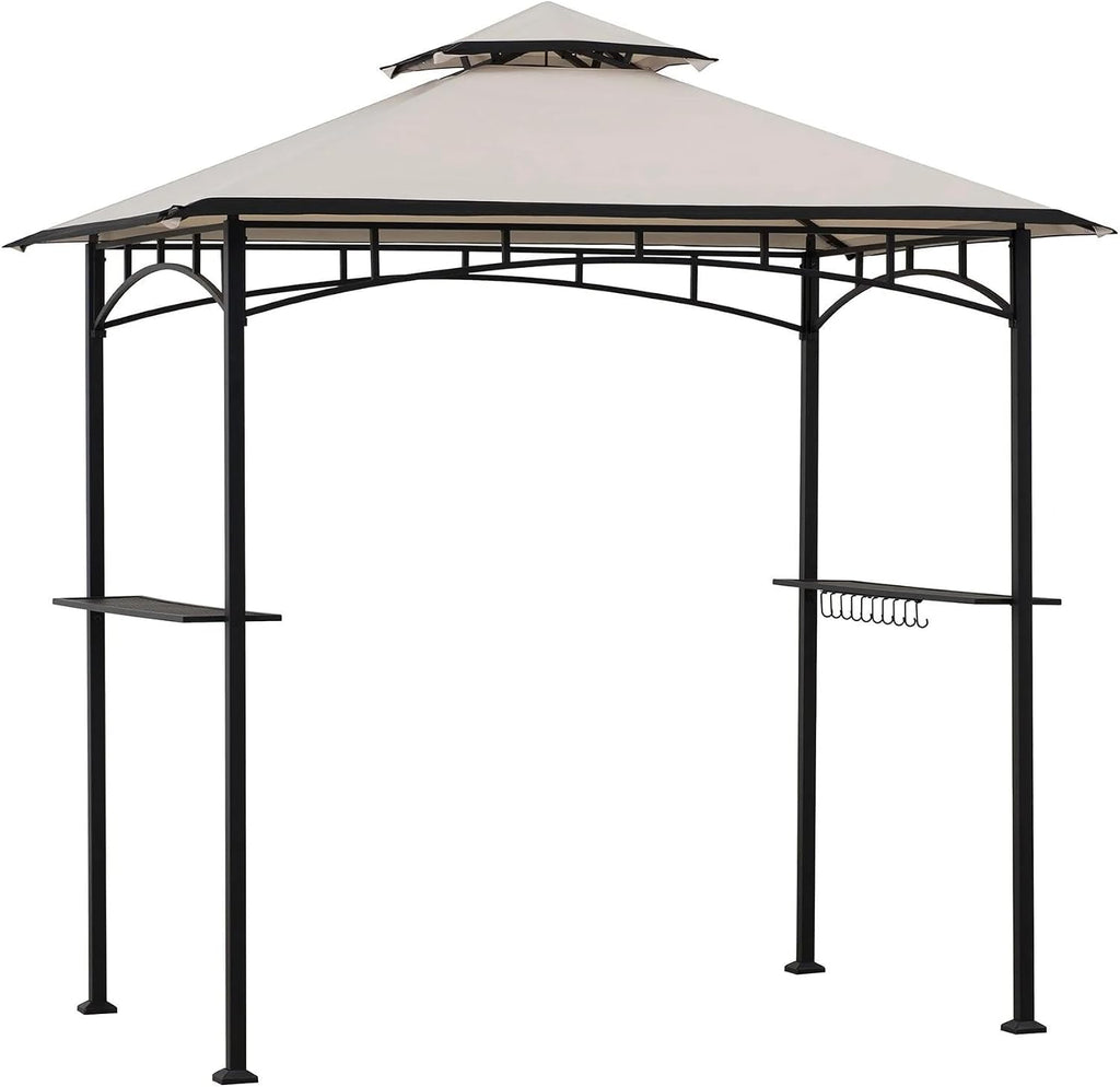 SUNJOY 8 x 5 ft Grill Gazebo with Double Tiered Canopy Roof, Black Steel Frame Grill Gazebo for Outdoor, Patio, Garden, and Backyard Activities, Beige