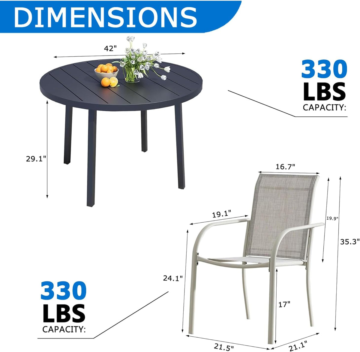 5-Piece Patio Furniture Set, Patio Table and Chairs Set of 4, Black Round Patio Table and Grey Chairs, Patio Furniture Set for Garden, Yard, Patio