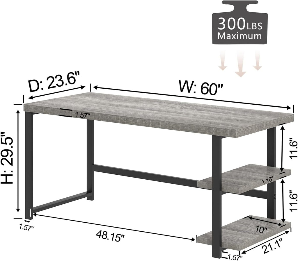 FOLUBAN 60 Inch Computer Desk, Modern Large Home Office Desk with Storage Shelves, Wood and Metal Writing Table Study Gaming Desk Workstation for Living Room, Industrial Light Grey