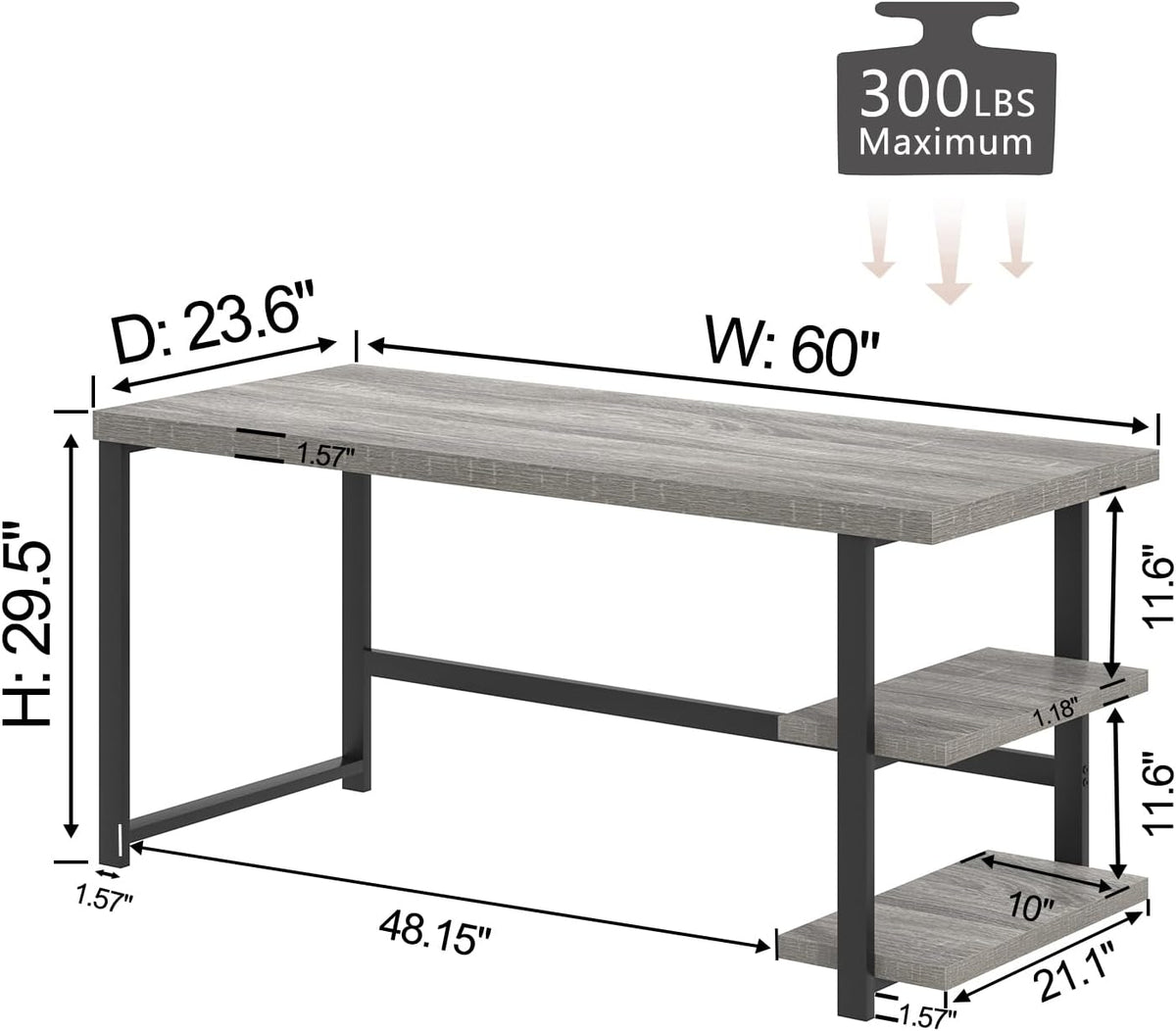 FOLUBAN 60 Inch Computer Desk, Modern Large Home Office Desk with Storage Shelves, Wood and Metal Writing Table Study Gaming Desk Workstation for Living Room, Industrial Light Grey