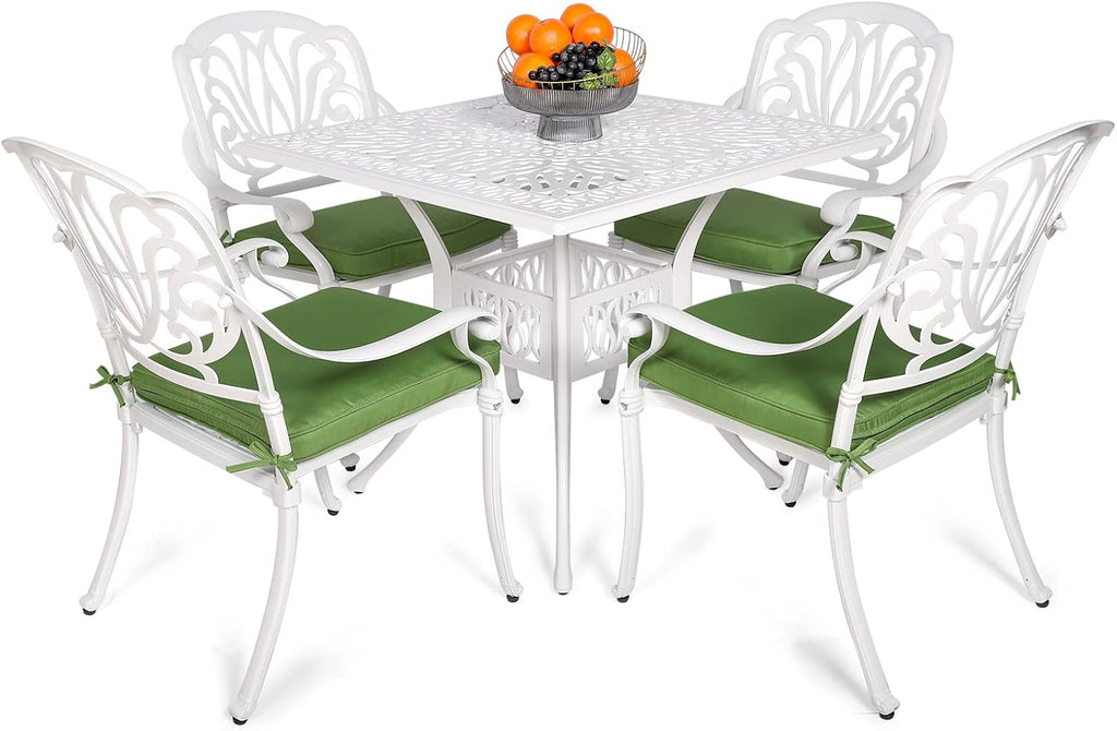 VIVIJASON 5-Piece Patio Furniture Dining Set, All-Weather White Cast Aluminum Outdoor Conversation Set, Include 4 Cushioned Chairs and a 35.4' Square Table w/Umbrella Hole for Balcony Lawn Garden
