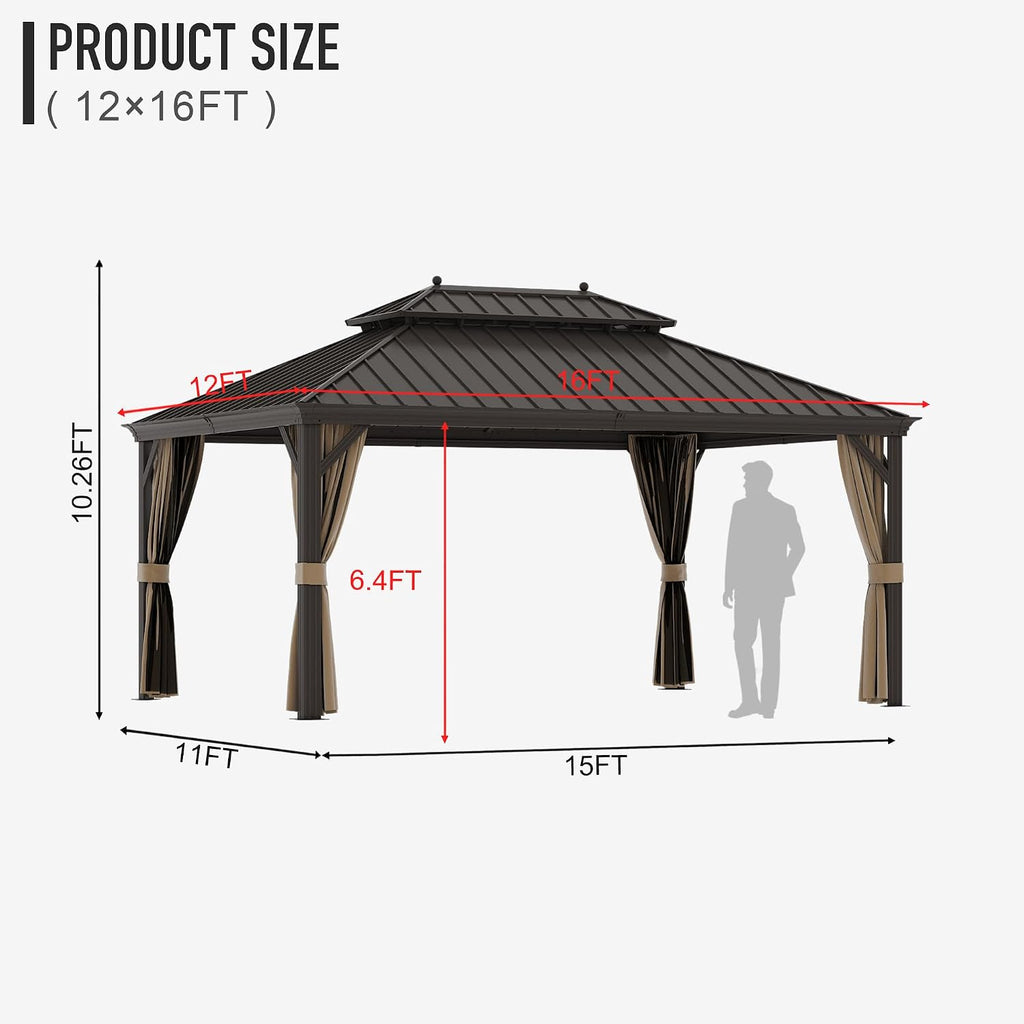 12X16 ft Hardtop Gazebo Outdoor Aluminum Patio Gazebo Double Roof Galvanized Steel Gazebo Canopy with Netting and Curtains,for Garden Patio,Patio Backyard,Deck and Lawns