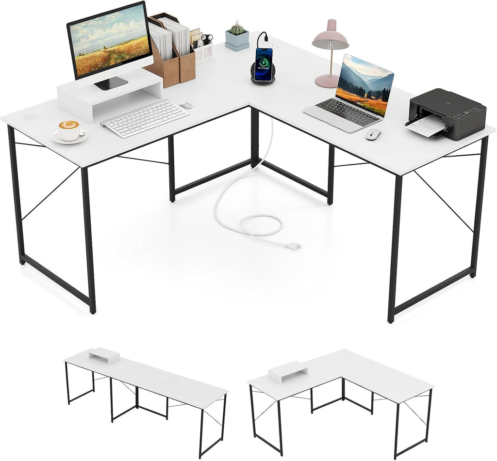 Tangkula L-Shaped Computer Desk with Power Outlets, 95' Long 2-Person Desk with Monitor Shelf, Modern Corner Desk Gaming Table with USB Ports for Home Office