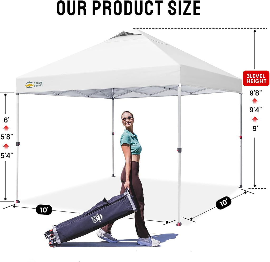 CROWN SHADES 10x10 Pop Up Canopy, Patented Center Lock One Push Tent Canopy, Newly Designed Storage Bag, 8 Stakes, 4 Ropes (10x10, White)