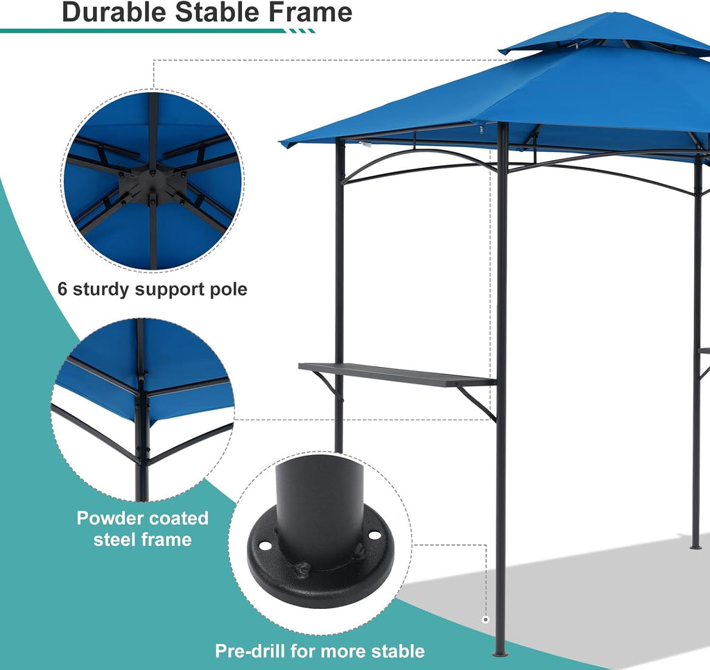 COBANA Grill Gazebo 8'x 5' Outdoor Patio Backyard BBQ Grill Shelter Double Tiered Soft Canopy Top with Steel Frame and Bar Counters, Blue