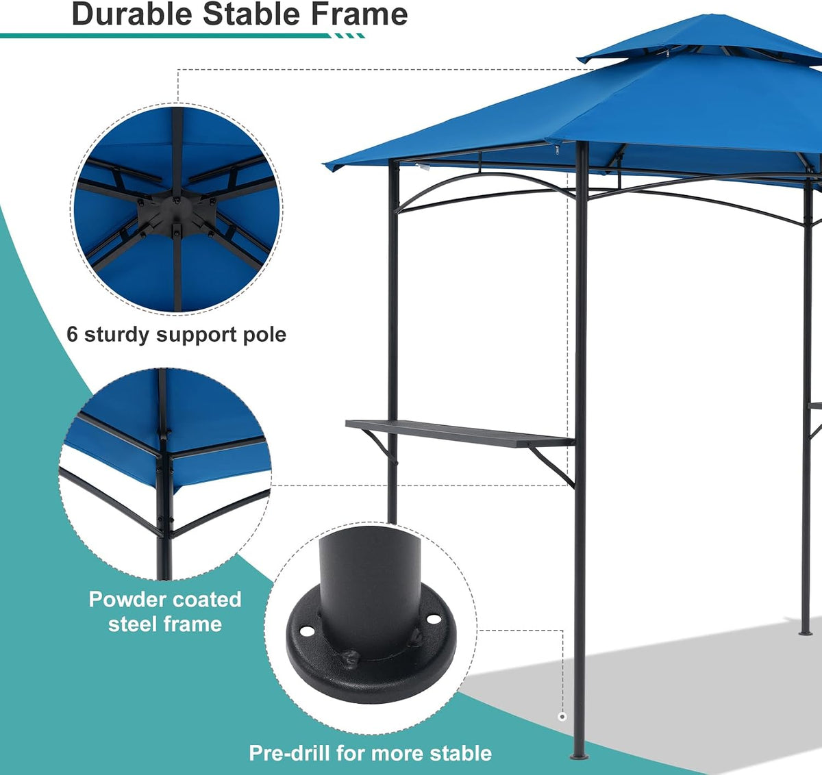 COBANA Grill Gazebo 8'x 5' Outdoor Patio Backyard BBQ Grill Shelter Double Tiered Soft Canopy Top with Steel Frame and Bar Counters, Blue