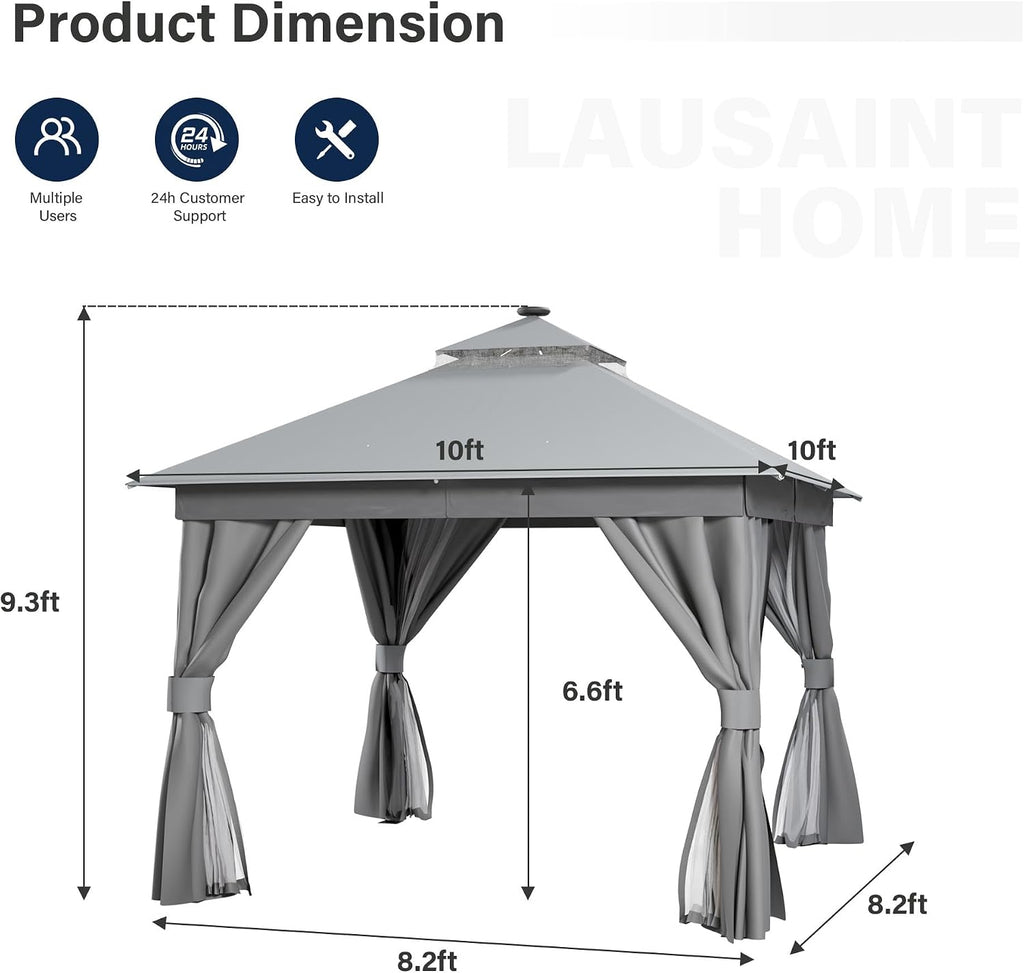 LAUSAINT HOME 10'x10' Outdoor Gazebo with Solar LED Lights, Metal Frame Heavy Duty Patio Canopy Tent Shelter with Double Roofs, Mosquito Nettings and Privacy Screens for Backyard, Garden, Lawn, Gray