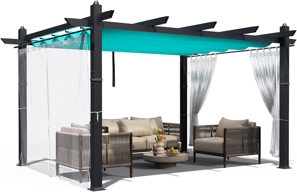 10 x 13 ft Outdoor Pergola, Aluminum Patio Gazebo Pergola with Retractable Canopy, Reinforced Frame, Outdoor Metal Gazebo Shelter with Netting for Backyard, Garden Deck and Lawn (Blue+White)