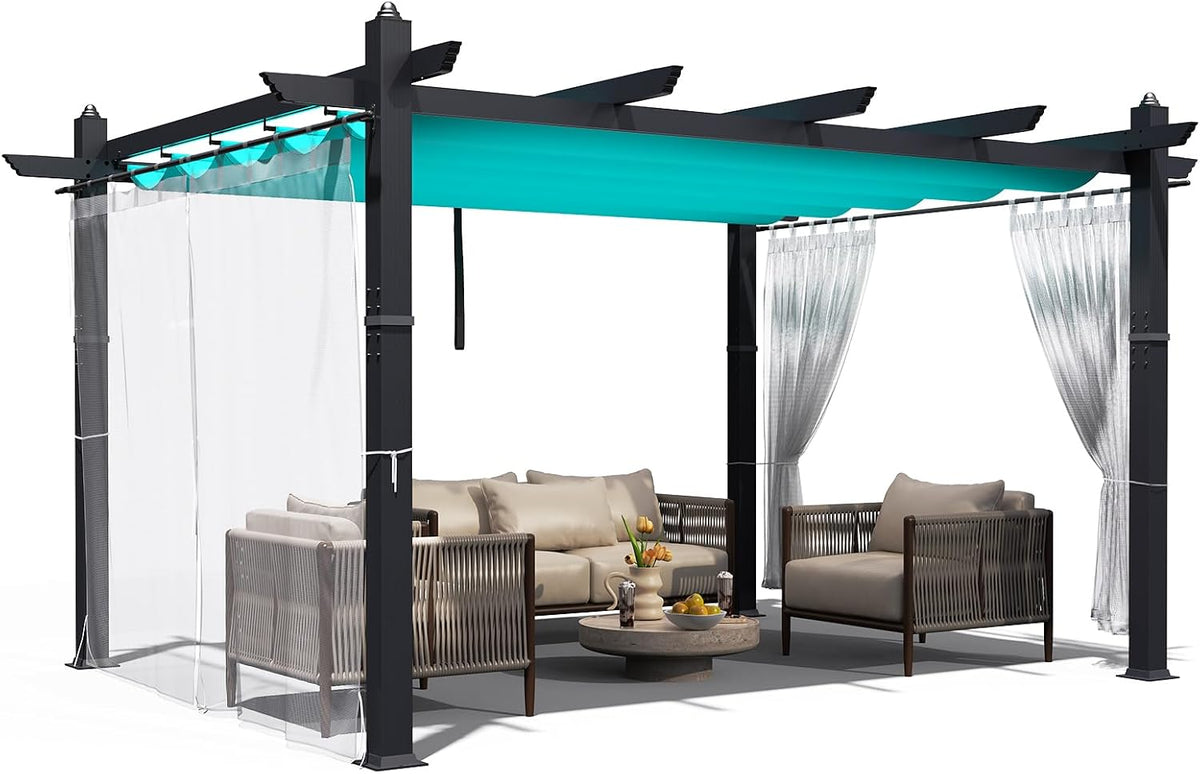 10 x 13 ft Outdoor Pergola, Aluminum Patio Gazebo Pergola with Retractable Canopy, Reinforced Frame, Outdoor Metal Gazebo Shelter with Netting for Backyard, Garden Deck and Lawn (Blue+White)