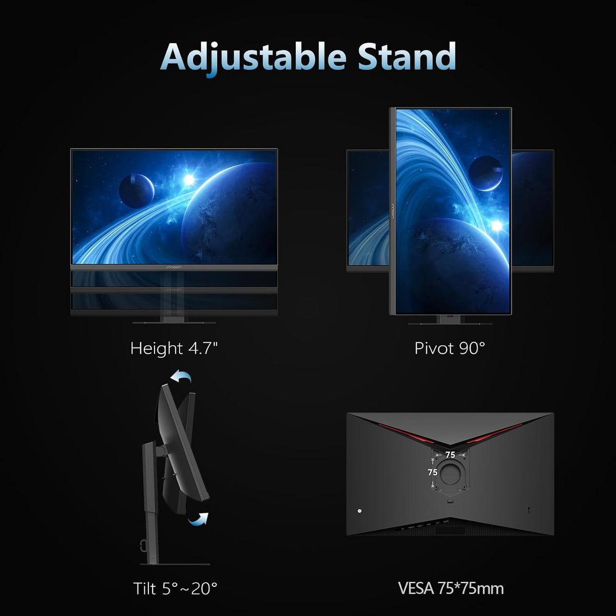 INNOCN 27' Gaming Monitor 2K QHD 2560 x 1440P 240Hz 320Hz 1ms IPS PC Computer Display, HDMI 2.1, DP 1.4, HDR 400, Eyes Care, Height/Pivot Adjustable, VESA Mountable, 27G2T