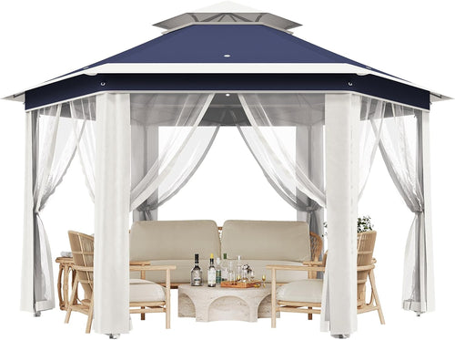 13' x 13' Pop-Up Gazebo, Hexagonal Canopy Shelter with 6 Zippered Mesh Netting, Event Tent with Strong Steel Frame for Backyard, Garden, Lawn, Blue and Beige