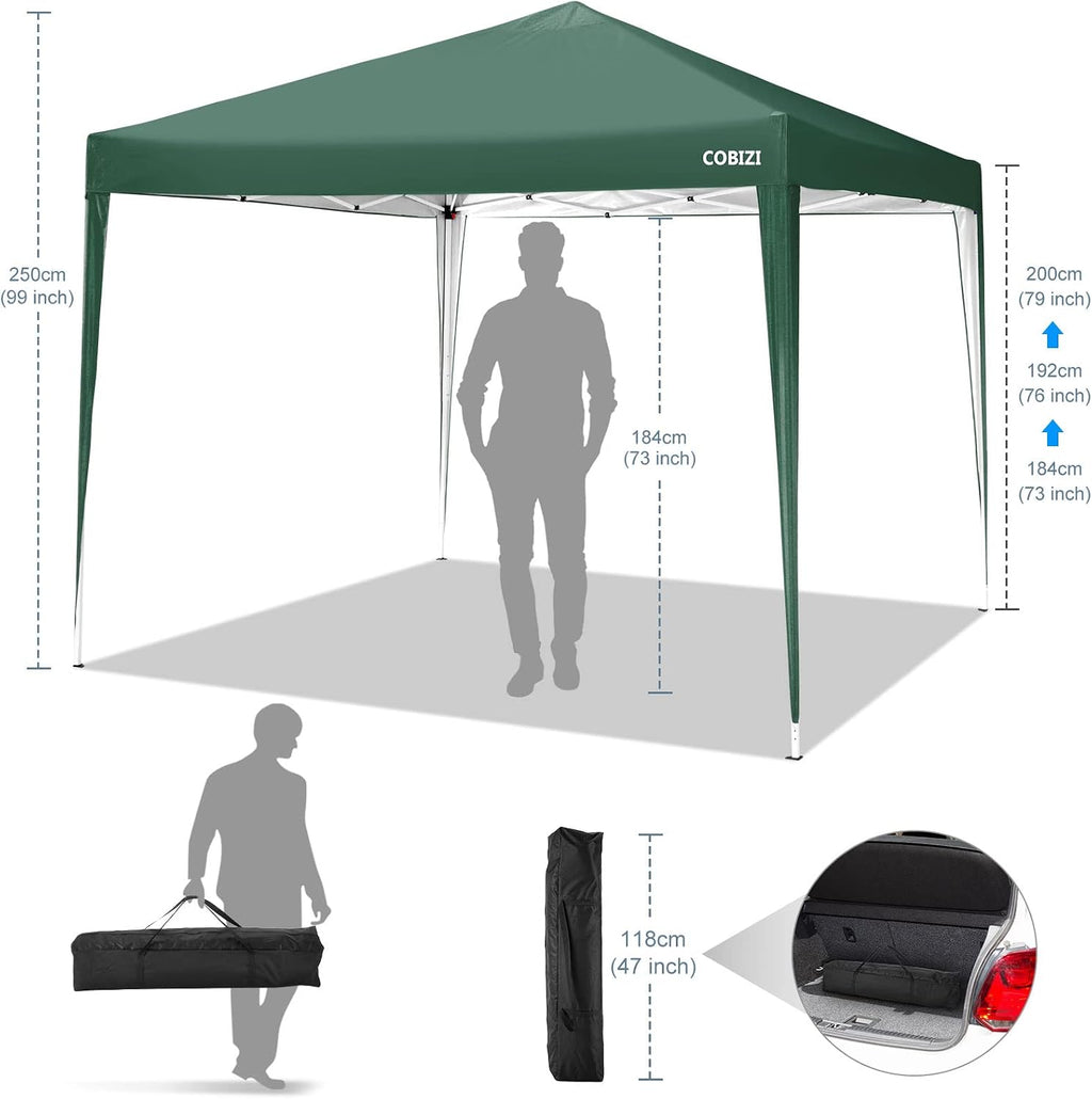 COBIZI 10x10 Pop Up Canopy Tent with 4 Sandbags, Easy Set Up Gazebo, Instant Outdoor Sun Shade &Waterproof Canopy with 8 Stakes,4 Ropes&Carry Bag, Tents for Parties, Beach, Backyard,Camping(Green