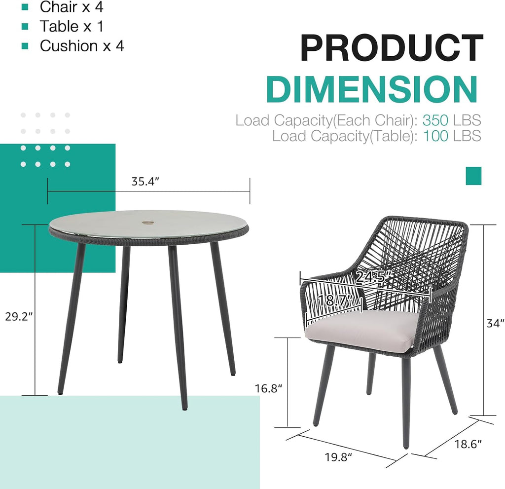 Patiorama 5-Piece Patio Dining Set, Outdoor Dining Table Chair Set, All-Weather Twisted Rattan Wicker Rope Conversation Set,Patio Furniture Set w/Umbrella Hole,Cushioned Chairs&Table(Black&Cross Back)