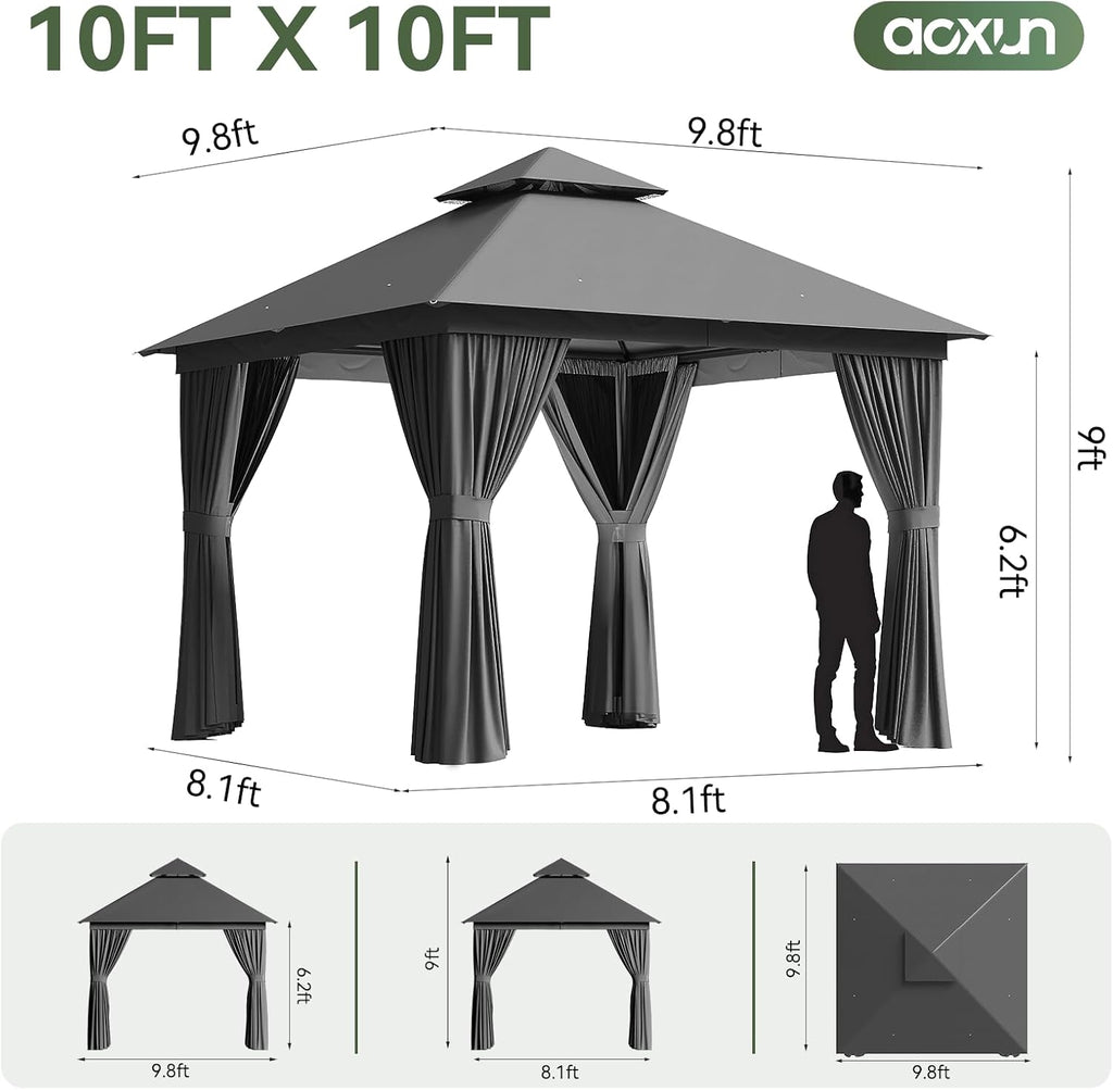 Aoxun 10x10 Outdoor Gazebo for Patio, Metal Frame Canopy Gazebo Double Roof Heavy Duty Backyard Gazebo with Mosquito Netting & Privacy Screen, Patio Shelter for Garden Lawn Deck (Grey)