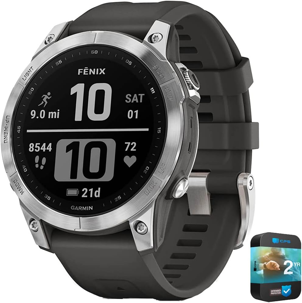 Garmin 010-02540-00 Fenix 7 Smartwatch Silver with Graphite Band | Official USA Partner Model | Bundle with 2 YR CPS Enhanced Protection Pack
