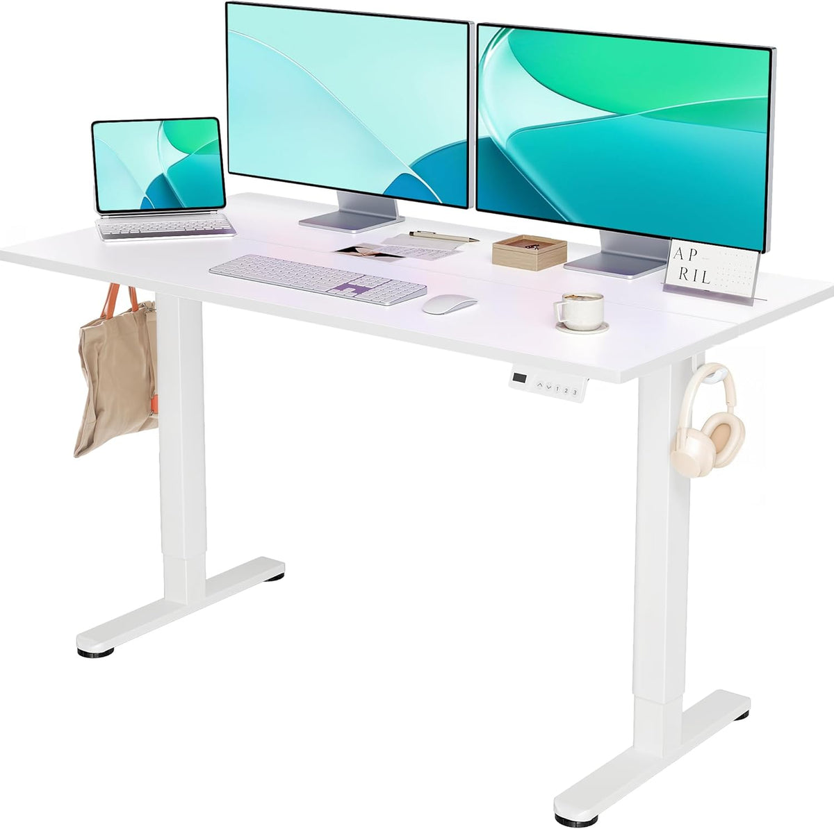 YDN Electric Standing Desk, 55 x 24 Inches Adjustable Height Stand up Desk with Cable Management, Home Office Desks with Splice Board & Frame, White Top