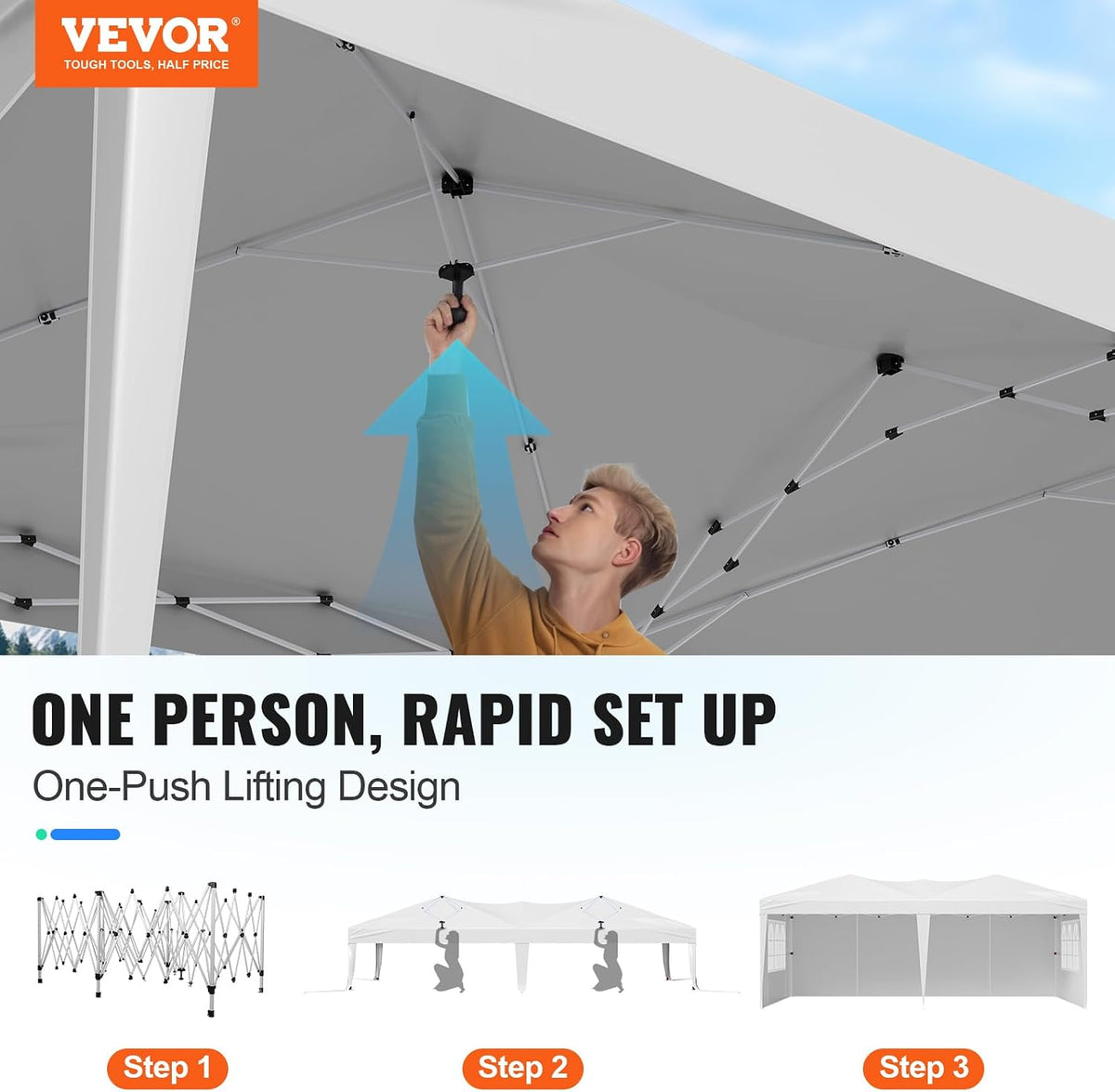VEVOR Pop Up Canopy, 10 x 20 FT Instant Canopy Portable Gazebo with 3 Sidewalls & 2 Ventilated Windows, Height Adjustable Pop-Up Outdoor Shelter Tent for Events, Patio, Backyard, Party, Parking