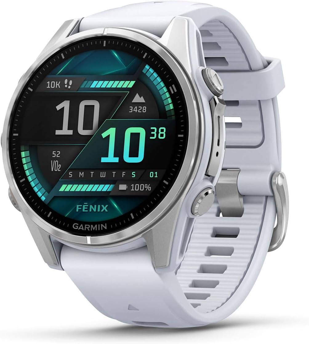 PlayBetter Garmin Fenix 8 AMOLED (43mm, Silver/Whitestone) Multisport GPS Smartwatch Bundle - 1.3' Touchscreen, Built-in LED Flashlight Portable Charger & Screen Protectors