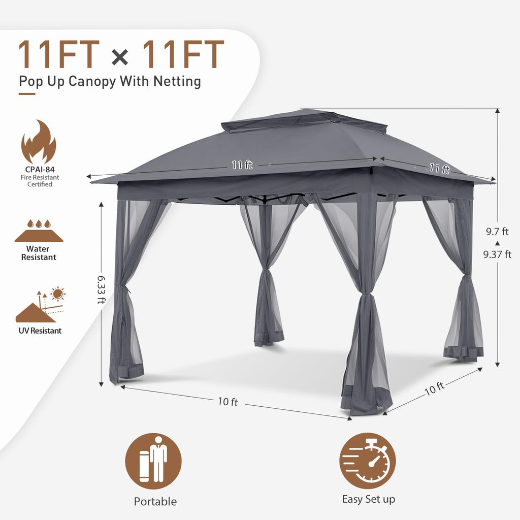 COOS BAY 11x11 Pop Up Gazebo with Mesh Netting, Instant Outdoor Canopy Tent, Water Resistant Shelter with UPF 50+ UV Protection, 121 Sq Ft Coverage, Dark Gray