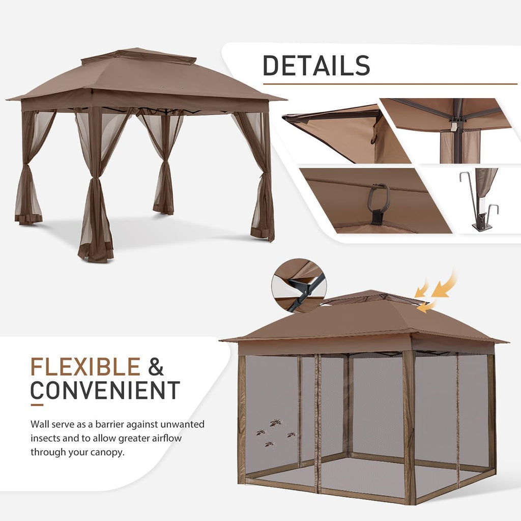 COOS BAY 11x11 Pop Up Gazebo with Mesh Netting, Instant Outdoor Canopy Tent, Water Resistant Shelter with UPF 50+ UV Protection, 121 Sq Ft Coverage, Brown