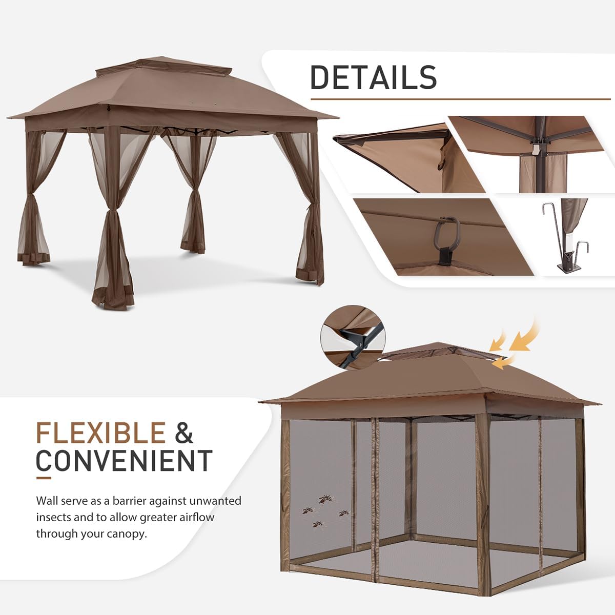 COOS BAY 11x11 Pop Up Gazebo with Mesh Netting, Instant Outdoor Canopy Tent, Water Resistant Shelter with UPF 50+ UV Protection, 121 Sq Ft Coverage, Brown
