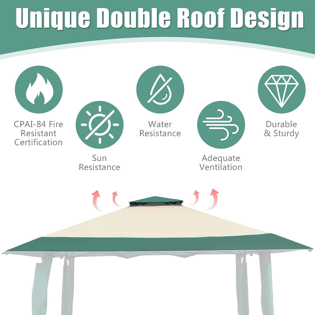 Tangkula 13 x13Ft Pop-Up Gazebo, Outdoor Canopy Shelter w/ 2-Tier Roof, Corner Curtains & 3 Adjustable Heights, Patio Gazebo with 169 Sq.Ft of Shade for Yard, Patio, Beach & Park (Green)