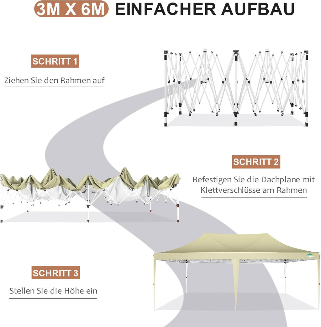 COBIZI 10x20 Pop up Canopy Tent with 6 Sidewalls, Easy Set up Canopy Tents Gazebos for Parties with Metal Frame, Waterproof & UV50+, Height Adjustable, Potable Carry Bag (Khaki)