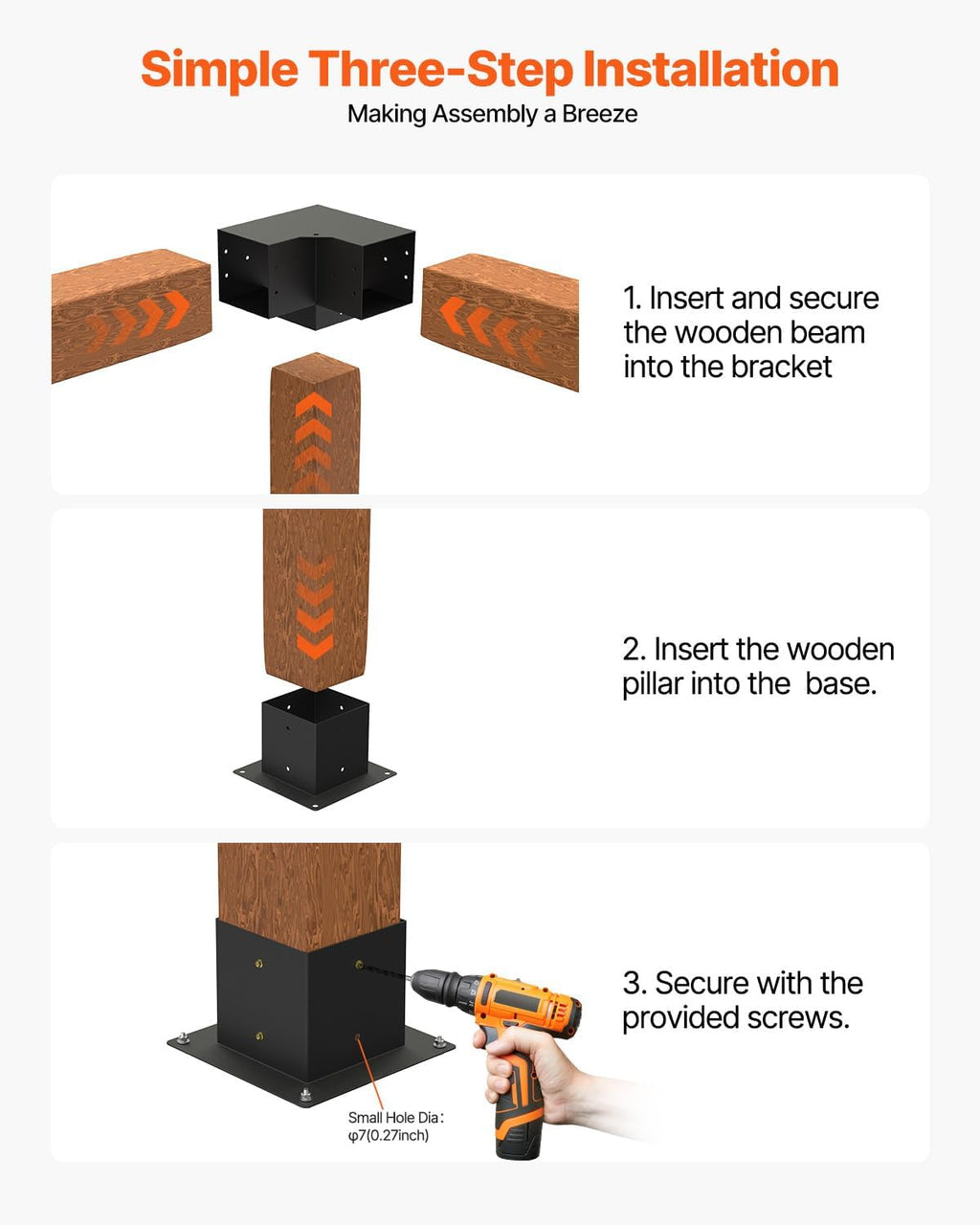 VEVOR Pergola Bracket Kit, 6x6 Inch (Inner Size 5.5x5.5), 4 Pcs 3-Way Heavy Duty Corner Bracket Woodworks DIY Post Base Kit, Easy Installation Wooden Beams for Gazebos, Patio Pergolas, Log Cabin