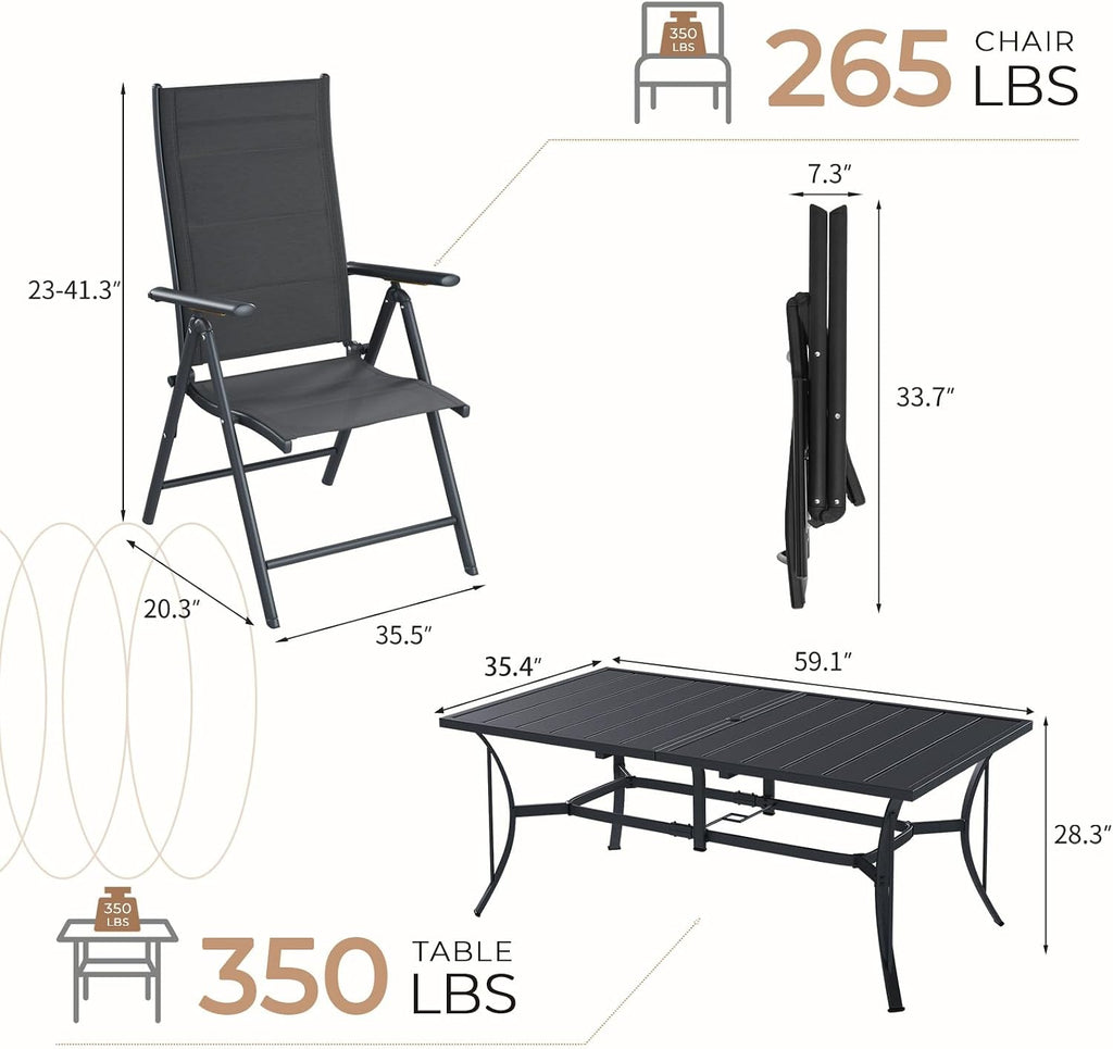 BUPPLEE 7-Piece Outdoor Dining Set with 6 Padded Aluminum Foldable Chairs & Rectangular Table with Umbrella Hole - Patio Furniture for Backyard, Balcony, Poolside