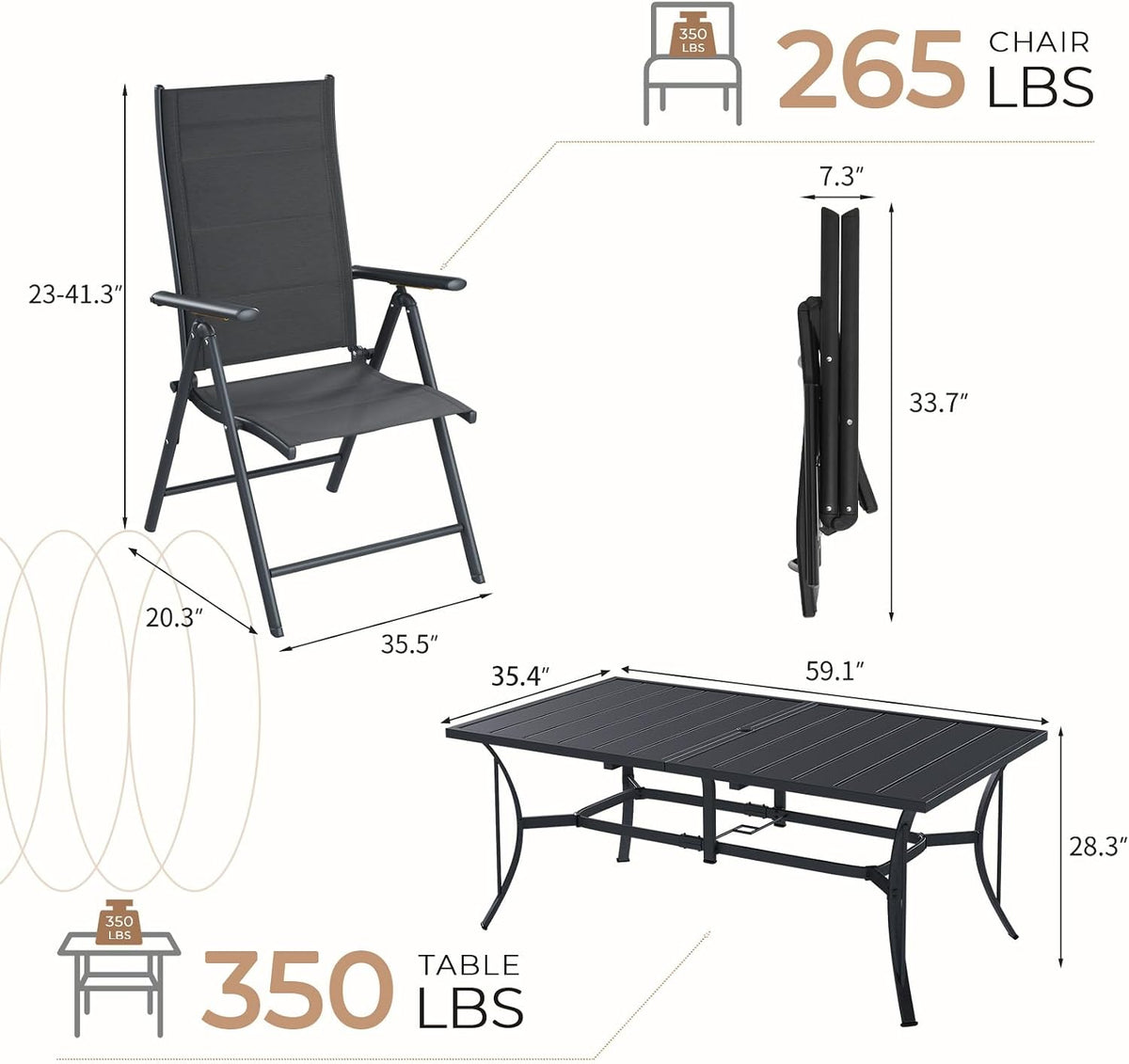 BUPPLEE 7-Piece Outdoor Dining Set with 6 Padded Aluminum Foldable Chairs & Rectangular Table with Umbrella Hole - Patio Furniture for Backyard, Balcony, Poolside