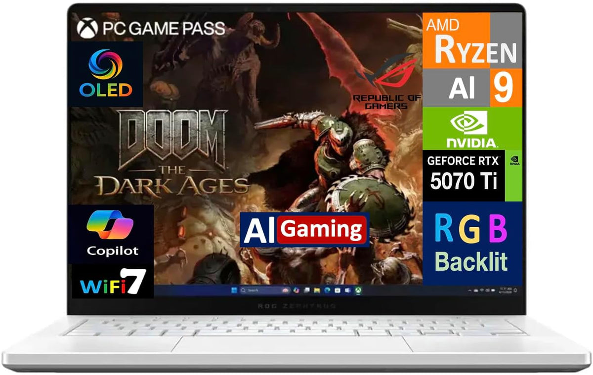 ASUS ROG Zephyrus Gaming Laptop 14.0' 120Hz OLED 2.8K Display (AMD Ryzen AI 9 HX 370, GeForce RTX 5070 Ti 12GB, 32GB LPDDR5X, 2TB PCIe SSD, RGB KB, Win 11 Pro) with Dockztorm Hub