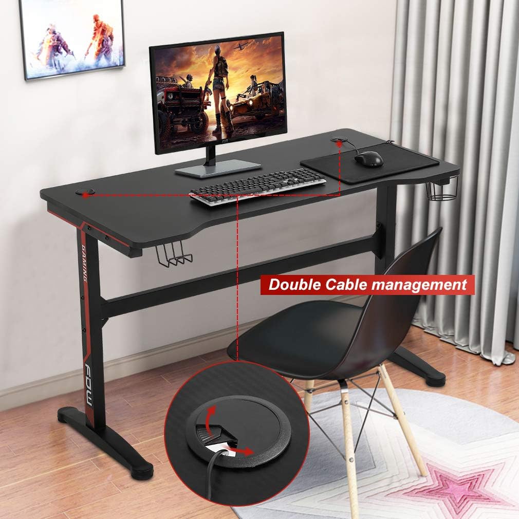 BestOffice Gaming Desk Computer Desk Home Office Desk Extra Large Modern Ergonomic PC Carbon Fiber Writing Desk Table with Cup Holder Headphone Hook
