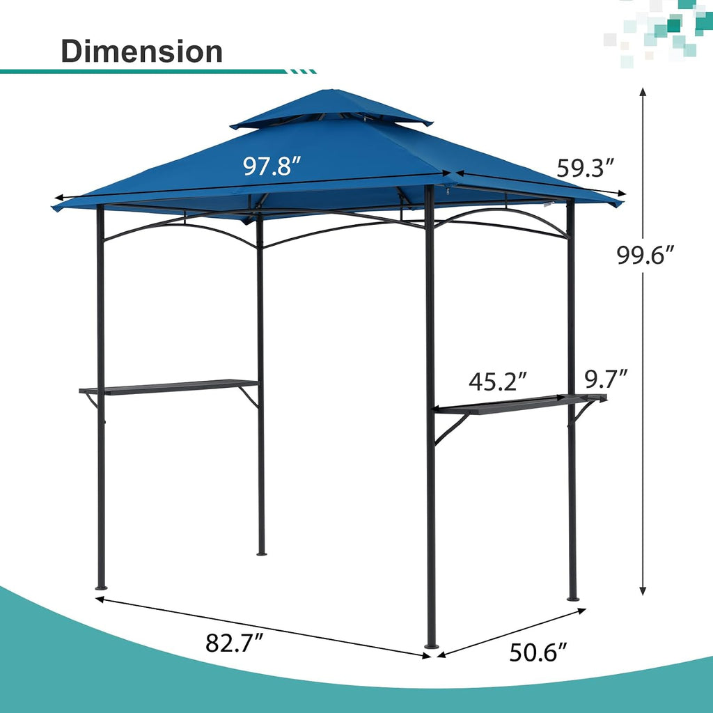 COBANA Grill Gazebo 8'x 5' Outdoor Patio Backyard BBQ Grill Shelter Double Tiered Soft Canopy Top with Steel Frame and Bar Counters, Blue